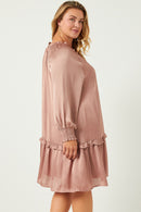 HN4196W MAUVE Plus Satin Look Smocked Cuff Tie Neck Dress Back