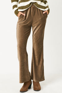 HN4221 OLIVE Womens Wide Leg Velvet Corduroy Pants Front