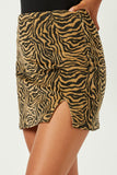 HN4278 TAN Womens Corduroy Zebra Print Slit Skirt Side