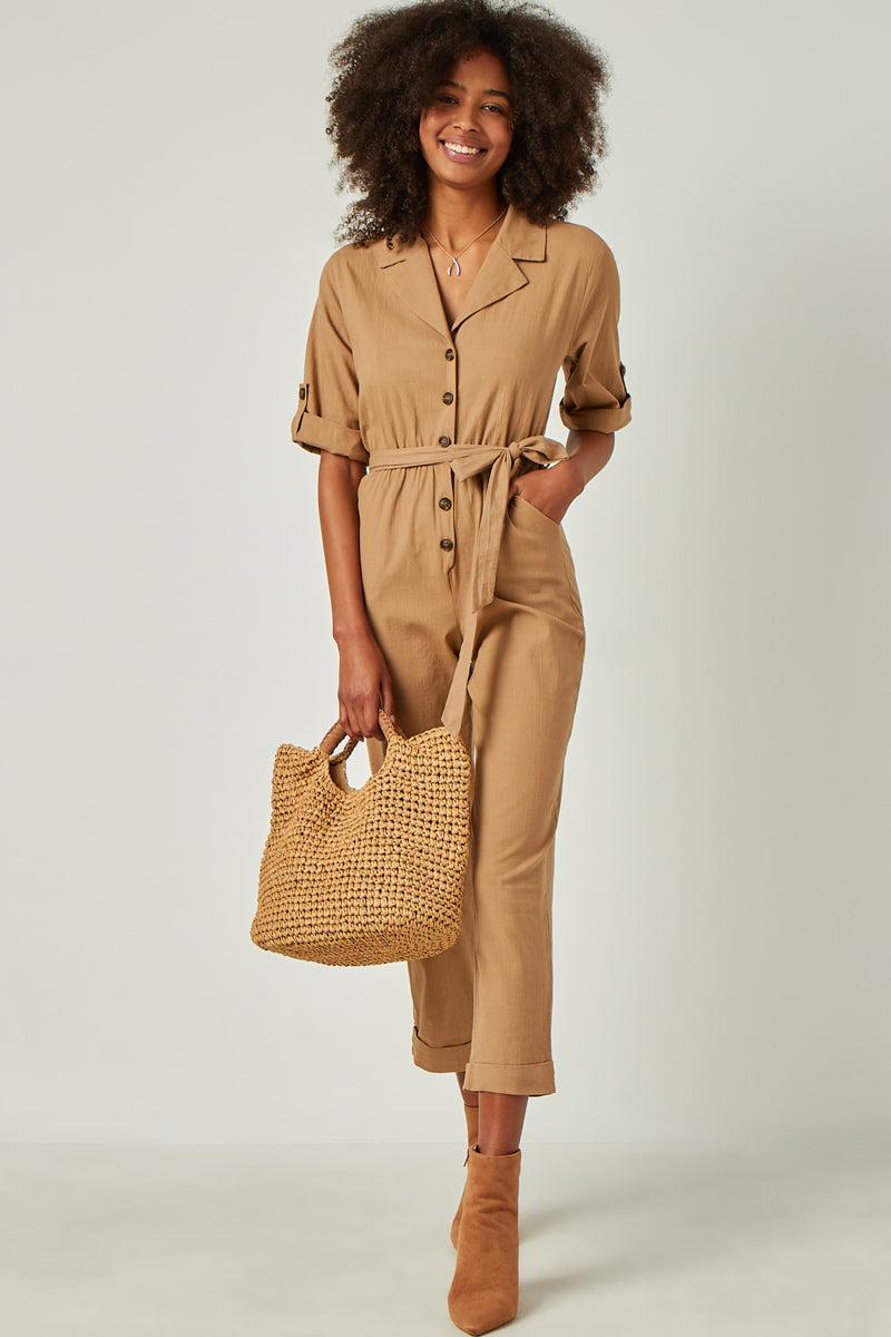 Rolled Sleeve Collared Jumpsuit with Belt