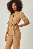 HN4292 TAUPE Womens Rolled Sleeve Collared Jumpsuit with Belt Detail