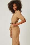 HN4292 TAUPE Womens Rolled Sleeve Collared Jumpsuit with Belt Side