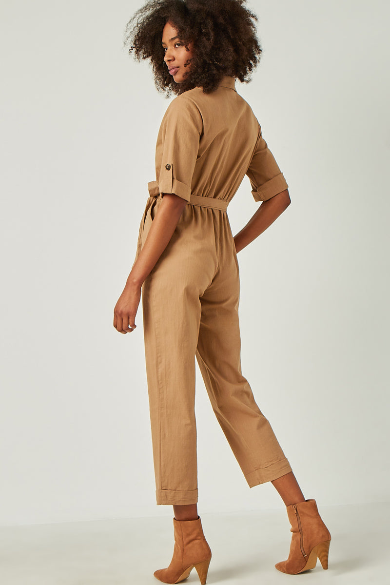 HN4292 TAUPE Womens Rolled Sleeve Collared Jumpsuit with Belt Back