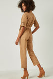 HN4292 TAUPE Womens Rolled Sleeve Collared Jumpsuit with Belt Back
