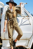 HN4292 Olive Womens Rolled Sleeve Collared Jumpsuit with Belt Editorial