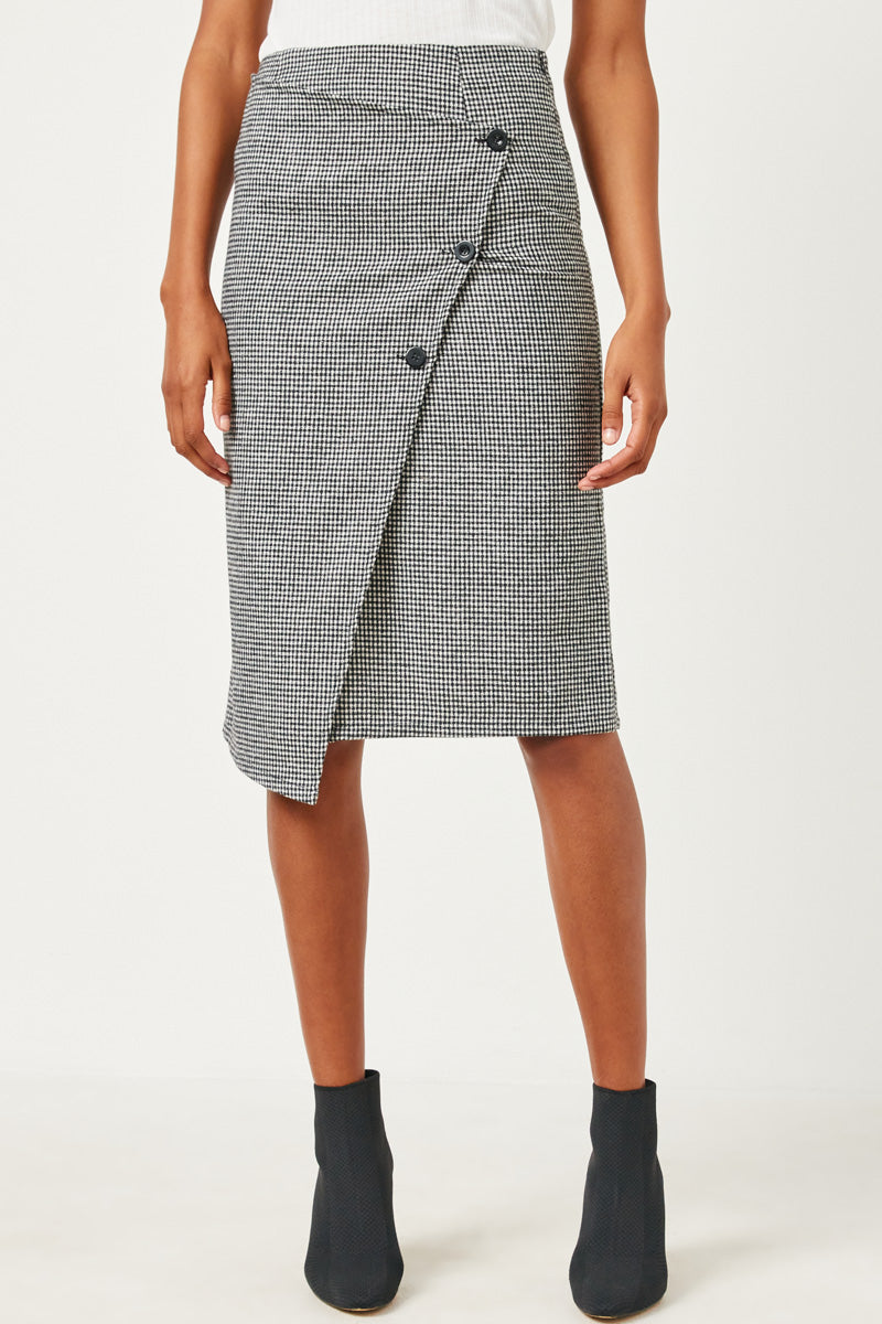 Womens Button Detail Checker Print Wrap Midi Skirt