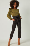 HN4328 BLACK Womens Pleated Paperbag Waist Pant with Belt Full Body