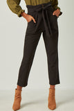HN4328 BLACK Womens Pleated Paperbag Waist Pant with Belt Front