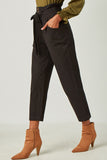 HN4328 BLACK Womens Pleated Paperbag Waist Pant with Belt Side