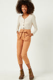 HN4328 CAMEL Womens Pleated Paperbag Waist Pant with Belt Full Body