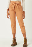 HN4328 CAMEL Womens Pleated Paperbag Waist Pant with Belt Front