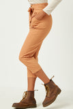 HN4328 CAMEL Womens Pleated Paperbag Waist Pant with Belt Side