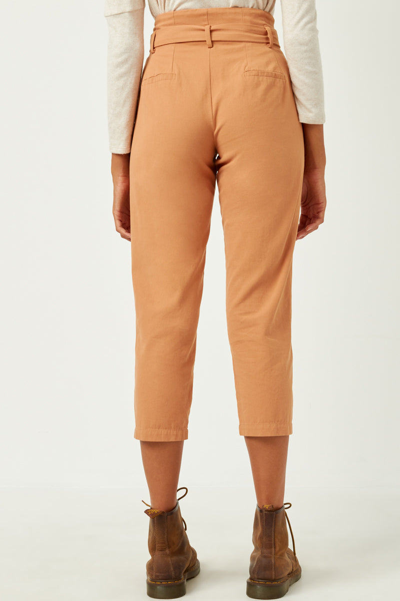 HN4328 CAMEL Womens Pleated Paperbag Waist Pant with Belt Back
