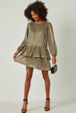 HN4418 GOLD Womens Gold Foiled Pleated Puff Sleeve Tiered Dress Full Body