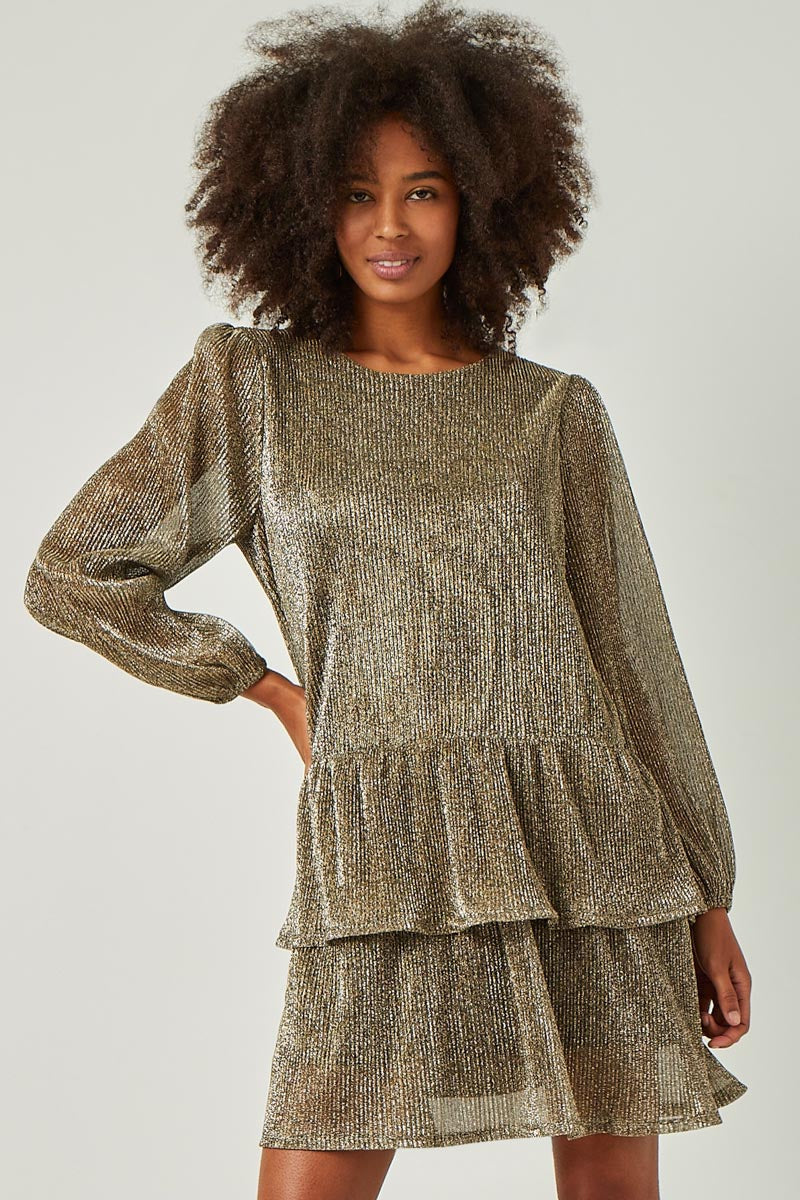 Womens Gold Foiled Pleated Puff Sleeve Tiered Dress