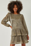 HN4418 GOLD Womens Gold Foiled Pleated Puff Sleeve Tiered Dress Front
