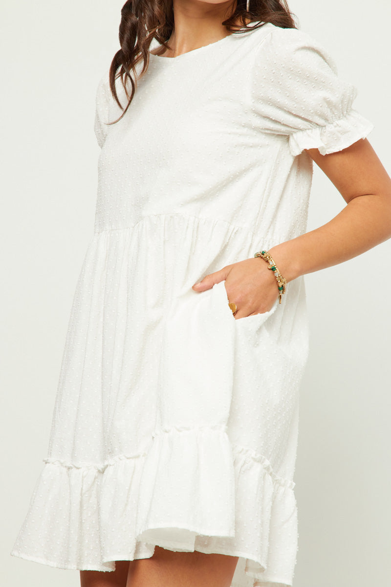 HN4497 OFF_WHITE Womens Ruffle Tiered Cinch Sleeve Swiss Dot Dress Side