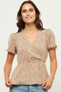 HN4532 BLUSH Womens Ditsy Floral Print Surplice Babydoll Top Front