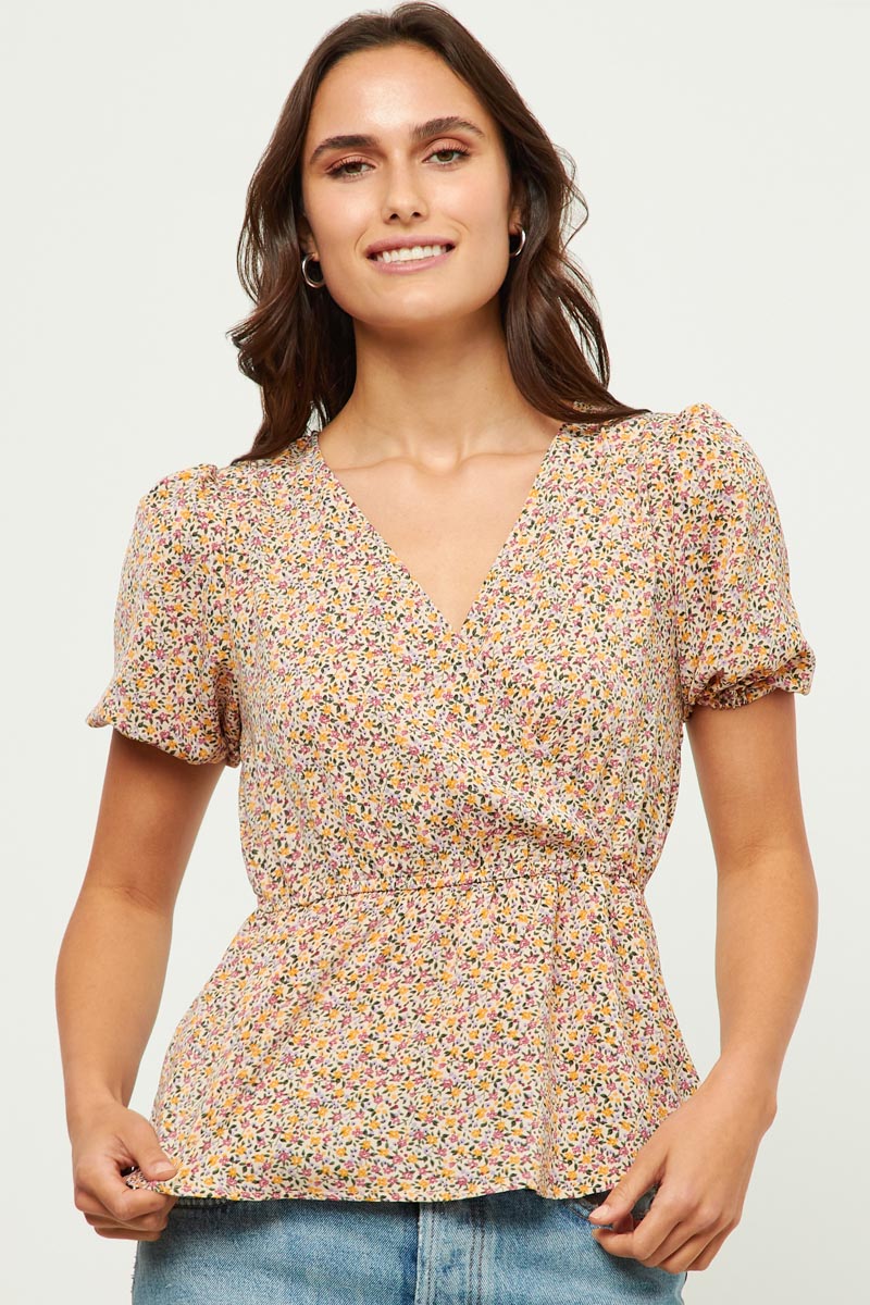 Womens Ditsy Floral Surplice Babydoll Top