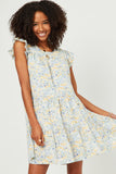 HN4536 BLUE Womens Floral Print Ruffle Sleeve Tiered Dress Detail