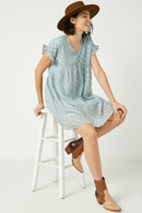 HY2401 BLUE Womens Ruffle Sleeve Swiss Dot Tunic Dress Pose