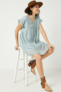 HY2401 BLUE Womens Ruffle Sleeve Swiss Dot Tunic Dress Pose