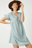 HY2401 BLUE Womens Ruffle Sleeve Swiss Dot Tunic Dress Front