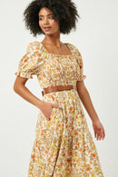 HY2595 ORANGE Womens Square Neck Puff Sleeve Smocked Midi Dress Detail