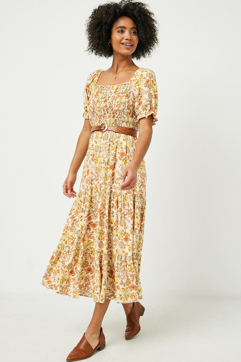 HY2595 ORANGE Womens Square Neck Puff Sleeve Smocked Midi Dress Back