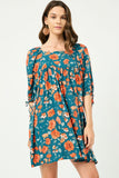 HY2609 TEAL Womens Romantic Floral Tie Sleeve Mini Dress Front