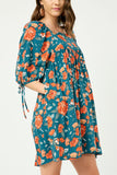 HY2609 TEAL Womens Romantic Floral Tie Sleeve Mini Dress Side