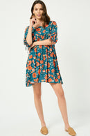 HY2609 TEAL Womens Romantic Floral Tie Sleeve Mini Dress Full Body 2