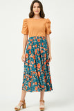 HY2610 TEAL Womens Floral Elastic Waist Midi Skirt Full Body