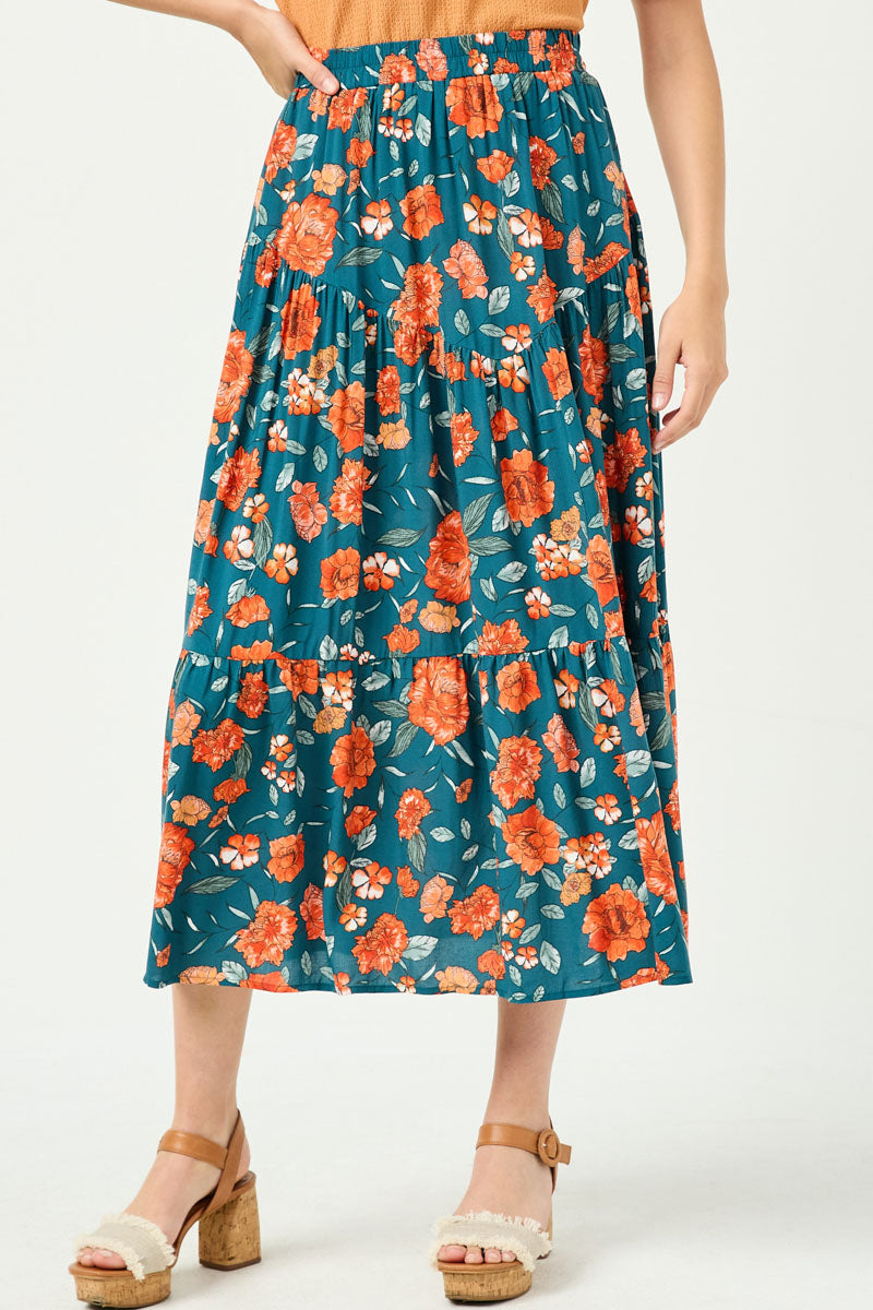 Floral Elastic Waist Midi Skirt