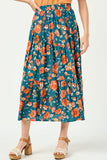 HY2610 TEAL Womens Floral Elastic Waist Midi Skirt Front