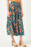 HY2610 TEAL Womens Floral Elastic Waist Midi Skirt Side
