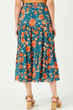 HY2610 TEAL Womens Floral Elastic Waist Midi Skirt Back