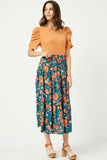 HY2610 TEAL Womens Floral Elastic Waist Midi Skirt Full Body 2
