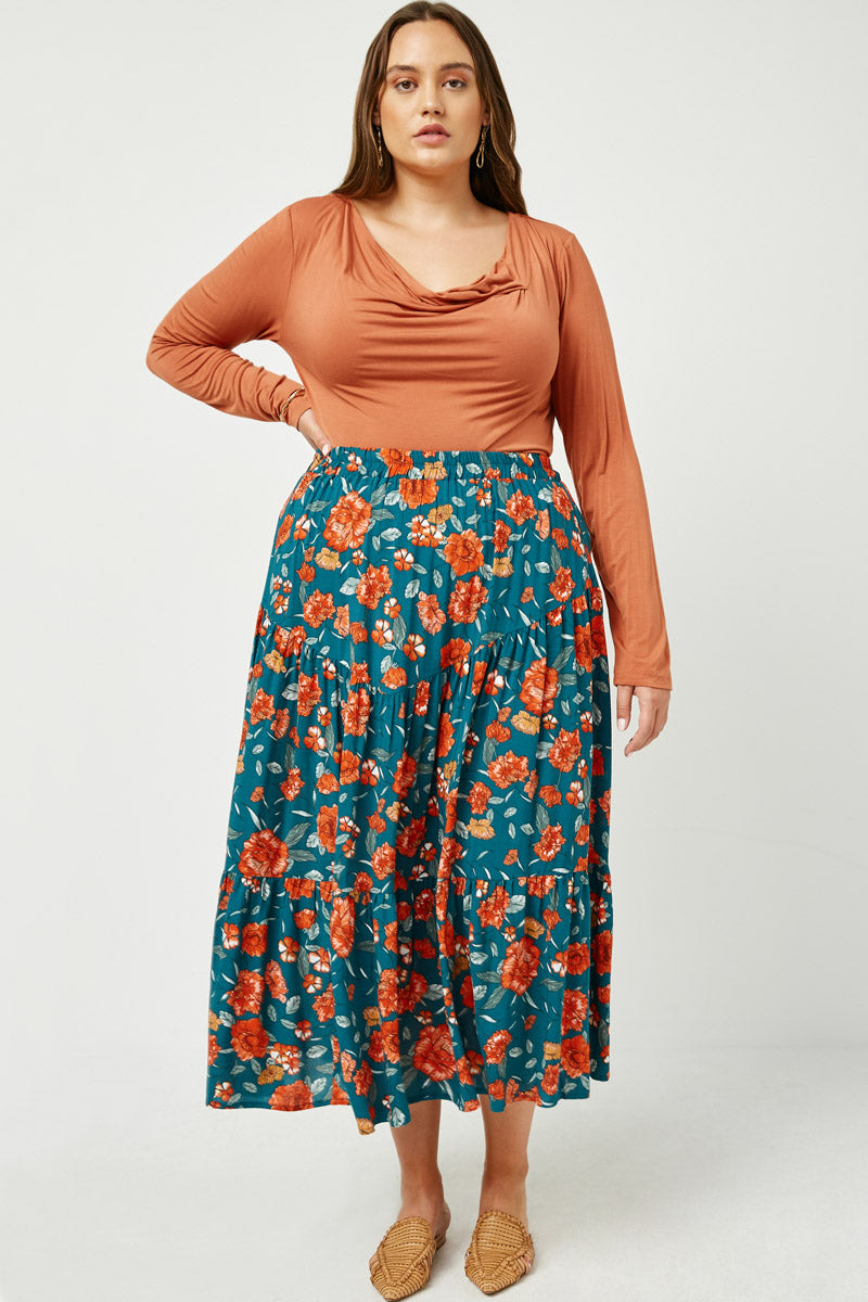 HY2610W TEAL Plus Floral Elastic Waist Midi Skirt Full Body