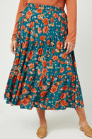 HY2610W TEAL Plus Floral Elastic Waist Midi Skirt Front