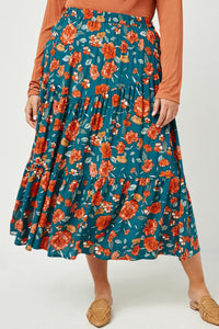 HY2610W TEAL Plus Floral Elastic Waist Midi Skirt Front