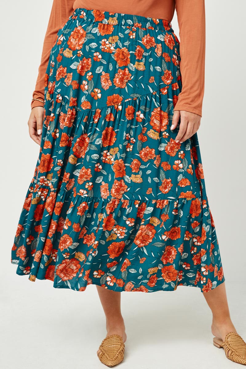 HY2610W TEAL Plus Floral Elastic Waist Midi Skirt Front