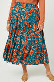HY2610W TEAL Plus Floral Elastic Waist Midi Skirt Front