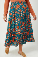 HY2610W TEAL Plus Floral Elastic Waist Midi Skirt Side