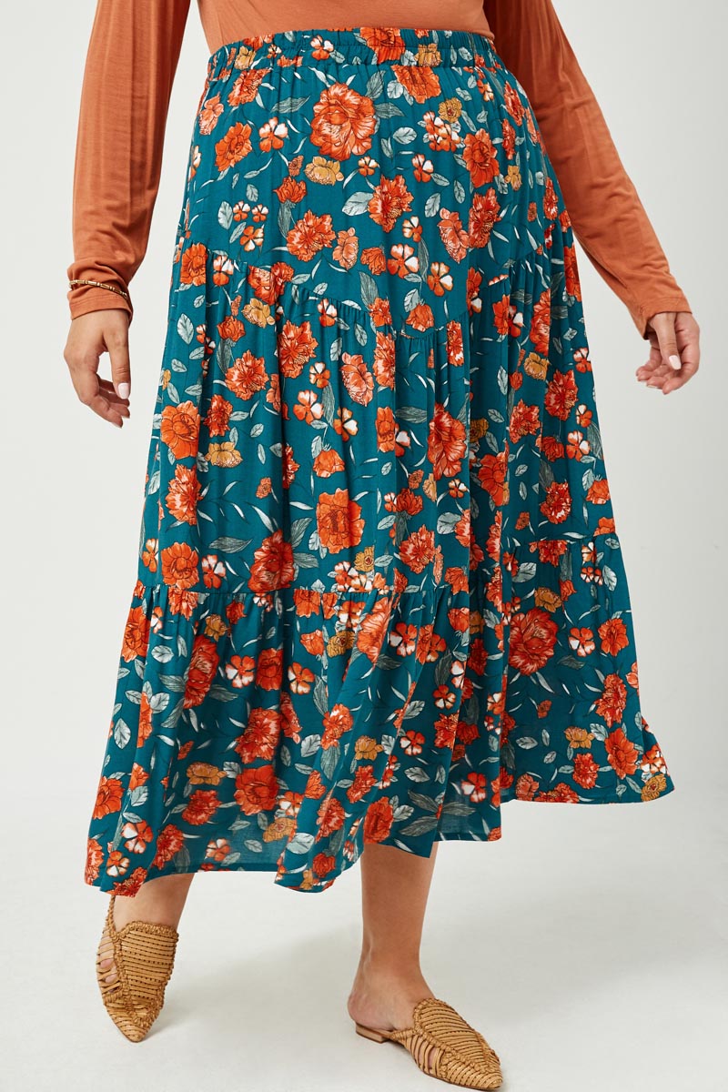 HY2610W TEAL Plus Floral Elastic Waist Midi Skirt Side