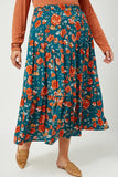 HY2610W TEAL Plus Floral Elastic Waist Midi Skirt Side