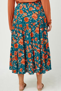 HY2610W TEAL Plus Floral Elastic Waist Midi Skirt Back