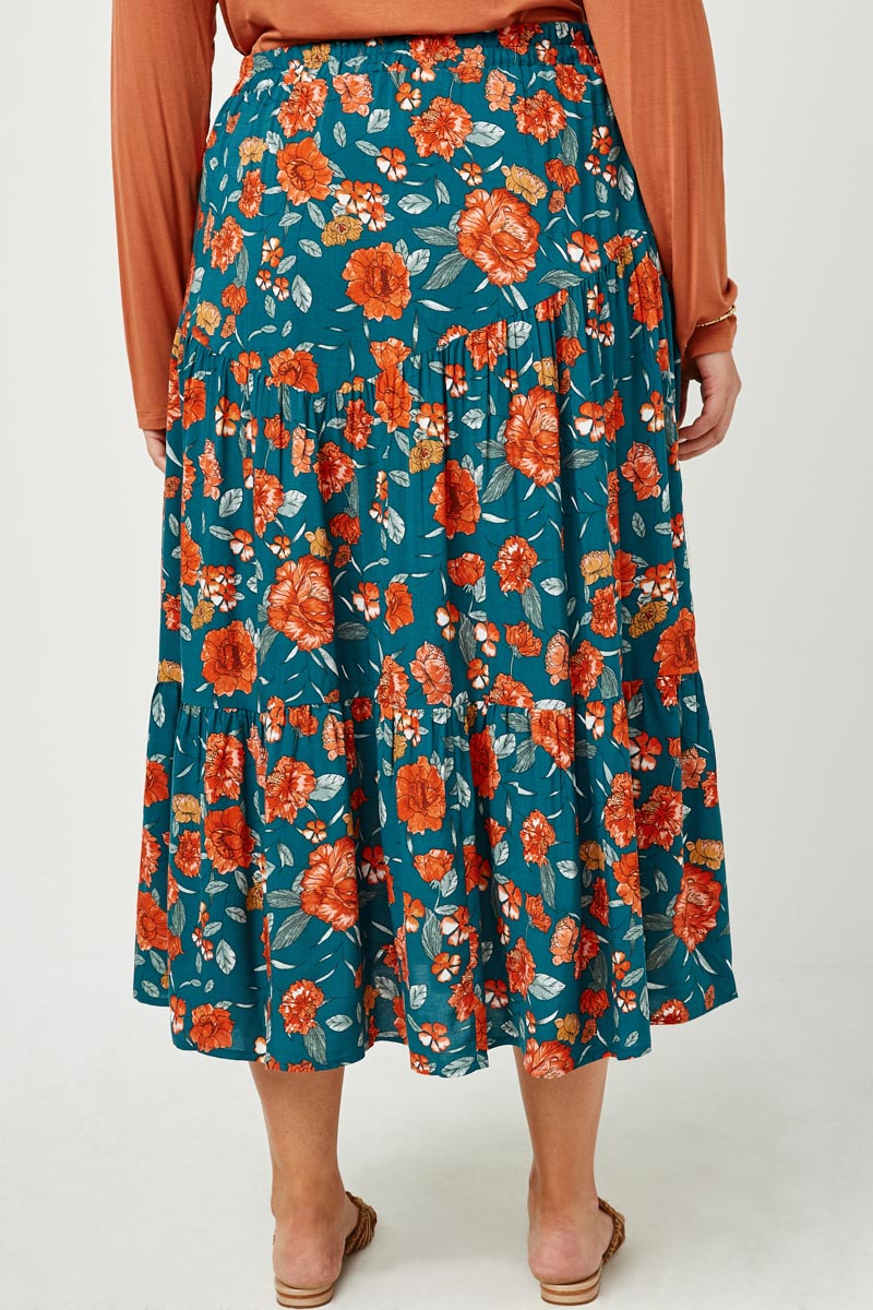 HY2610W TEAL Plus Floral Elastic Waist Midi Skirt Back