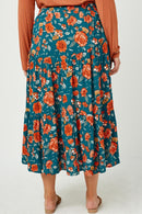 HY2610W TEAL Plus Floral Elastic Waist Midi Skirt Back