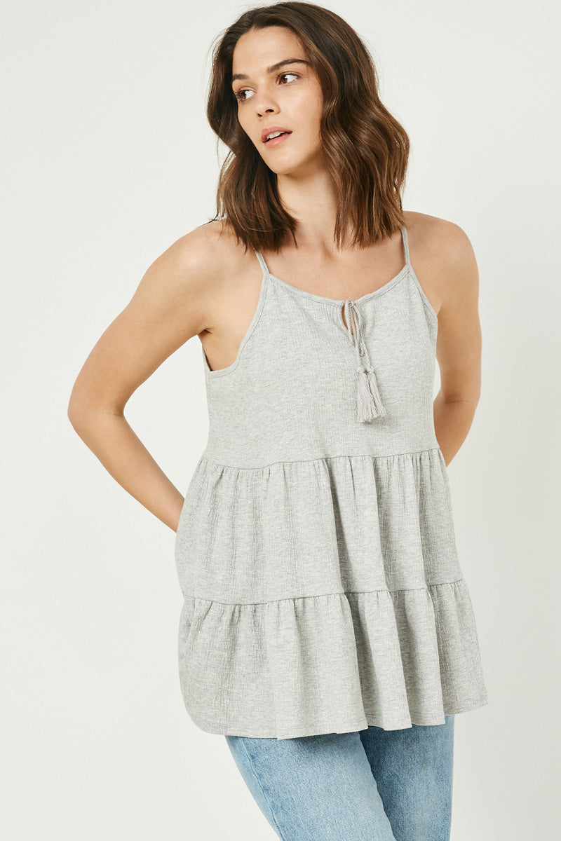 Tiered Texture Knit Sleeveless Tassel Top